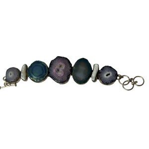 Sterling Silver 925 Geode Druzy Bracelet Natural Chunky Artisan Agate Slice
